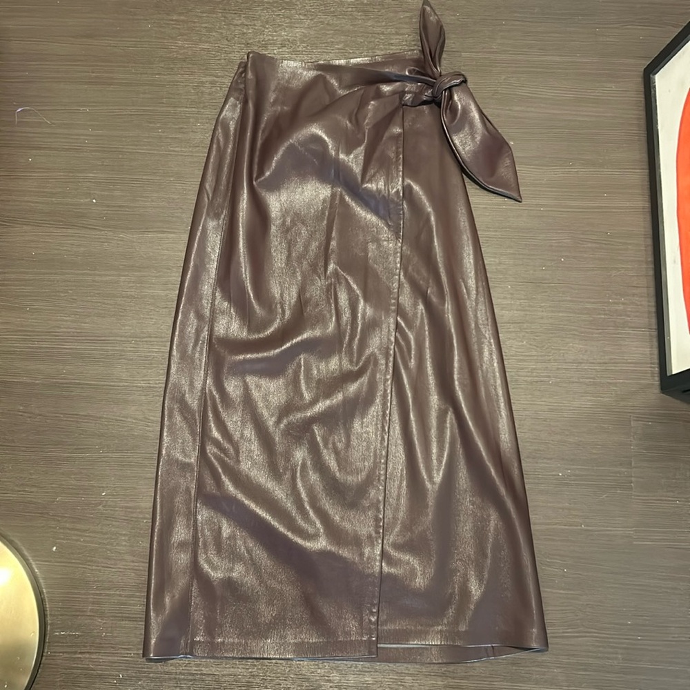 Nanushka Chocolate Brown leather tie wrap skirt